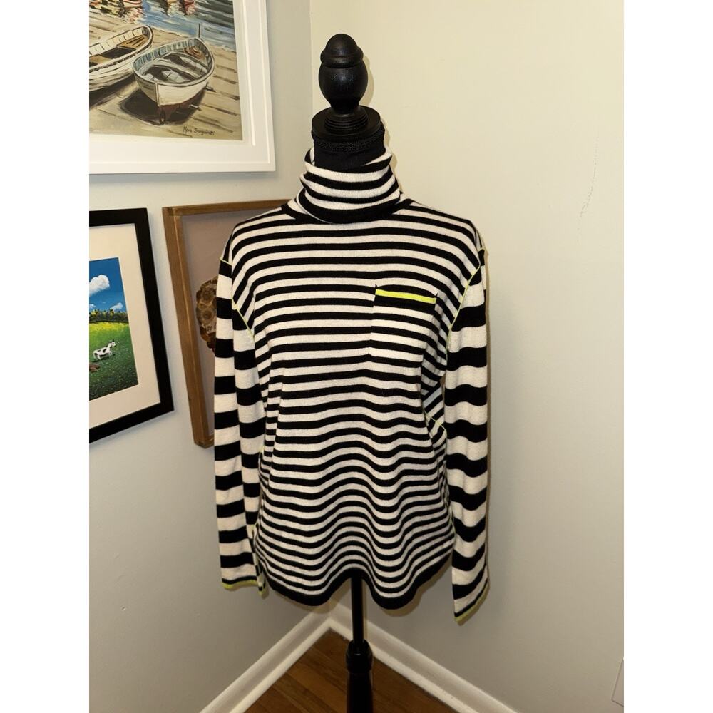 Vilagallo Black and White Striped Turtleneck Sweater with Lime Accent